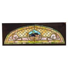 Antique Art Nouveau Colored Stained Glass Fruit 27 x 75 Arched Transom Window, B