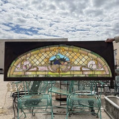 Antique Art Nouveau Colored Stained Glass Fruit 27 x 75 Arched Transom Window, B