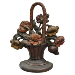 Antique Victorian Red Cast Iron Figural Painted Floral Bouquet Basket Door Stop