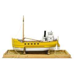Large 48" Vintage Wooden Fishing Vessel Model Ship Yellow Hull South Korean Flag