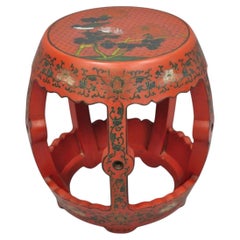 Vintage Chinoiserie Red Lacquer Plant Stand Garden Stool Drum Side Table (B)