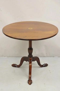 Antique Chippendale Style Round Tilt Top Pinwheel Inlay Ball and Claw Side Table