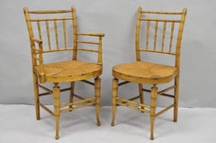Antique English Regency Faux Bamboo Rush Seat Wooden Dining Chairs - Set of 6