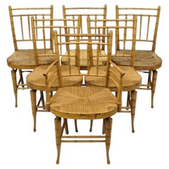 Antique English Regency Faux Bamboo Rush Seat Wooden Dining Chairs - Set of 6