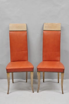 Vintage French Art Deco Gio Ponti Style High Back Pickled Wash Side Chair - Pair