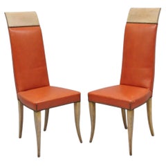 Vintage French Art Deco Gio Ponti Style High Back Pickled Wash Side Chair - Pair