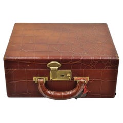 Vintage Brown Leather Art Deco Faux Crocodile Small Toiletry Travel Vanity Case