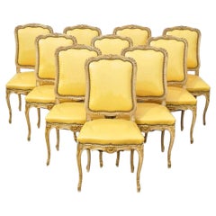 Vintage French Louis XV Style Parcel Gilt Carved Dining Side Chairs - Set of 10