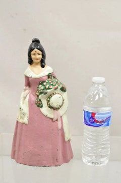 Antique Victorian Tall Cast Iron Painted Figural Woman Pink Dress Door Stop