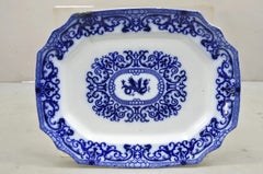 Antique Flow Blue and White Transferware Ironstone Platter Dish w Chinese Dragon