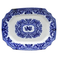 Antique Flow Blue and White Transferware Ironstone Platter Dish w Chinese Dragon