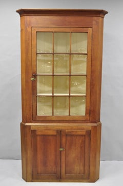 Antique Colonial Primitive Cherry Wood Glass Front Corner China Cabinet Cupboard