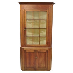 Antique Colonial Primitive Cherry Wood Glass Front Corner China Cabinet Cupboard