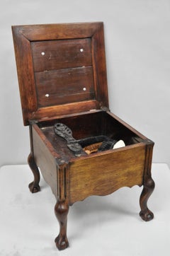 Antique Flip Top Georgian Chippendale Style Mahogany Shoe Shine Box Footstool