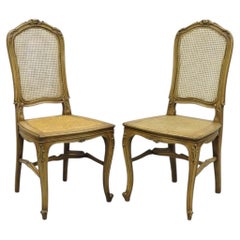 Antique French Provincial Louis XV Style Carved Walnut Cane Side Chair - a Pair