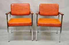 Vintage Mid Century Modern Orange Naugahyde Chrome Arm Chairs by Malibu - a Pair