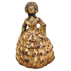 Antique Victorian Cast Iron Figural Painted Small Hoop Skirt Girl Door Stop