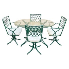 Vintage Hollywood Regency Faux Bamboo Lattice Metal Green Dining Set - 5 Pc Set
