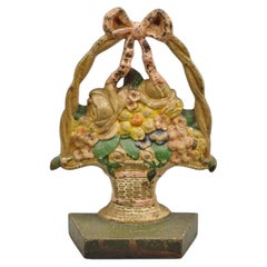 Antique Victorian Cast Iron Painted Floral Bouquet Pink Bow Basket Door Stop