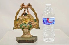 Antique Victorian Cast Iron Painted Floral Bouquet Pink Bow Basket Door Stop