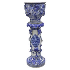 Antique German Westerwald Salt Glaze Stoneware Cobalt Blue Jardiniere & Pedestal