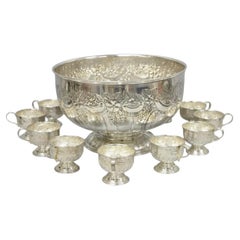 Vintage English Sheffield Kentshire Silver Plated Punch Bowl Set w 12 Footed Cup