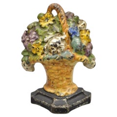 Antique Victorian Cast Iron Figural Floral Bouquet Basket Painted Door Stop