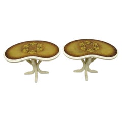Vintage Hollywood Regency Gold Leaf Glass Kidney Bean Shaped Side Tables - Pair