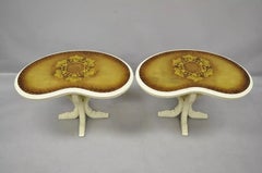 Vintage Hollywood Regency Gold Leaf Glass Kidney Bean Shaped Side Tables - Pair