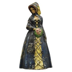 Antique Victorian Cast Iron Figural Colonial Woman Blue Dress Painted Door Stop