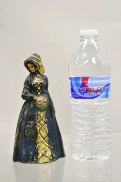 Antique Victorian Cast Iron Figural Colonial Woman Blue Dress Painted Door Stop