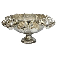 Vintage Modern Regency Style Silver Plated Pedestal Punch Bowl w 12 Hanging Cups