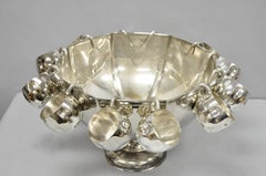 Vintage Modern Regency Style Silver Plated Pedestal Punch Bowl w 12 Hanging Cups