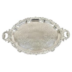 Antique Victorian English Sheffield Ornate Oval Footed Serving Platter Bar Tray