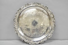 Vintage Wilcox Victorian Silver Plated Round Ornate Footed Salver Serving Tray