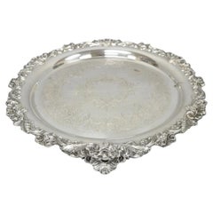 Vintage Wilcox Victorian Silver Plated Round Ornate Footed Salver Serving Tray