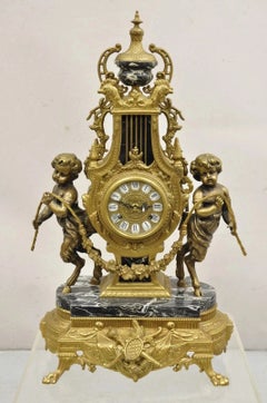 Vintage French Louis XV Style Brevettato Italy Brass & Marble Figural Clock Set