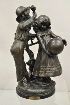 "Enjoue" after Auguste Moreau Victorian Bronze Boy and Girl Statue Sculpture