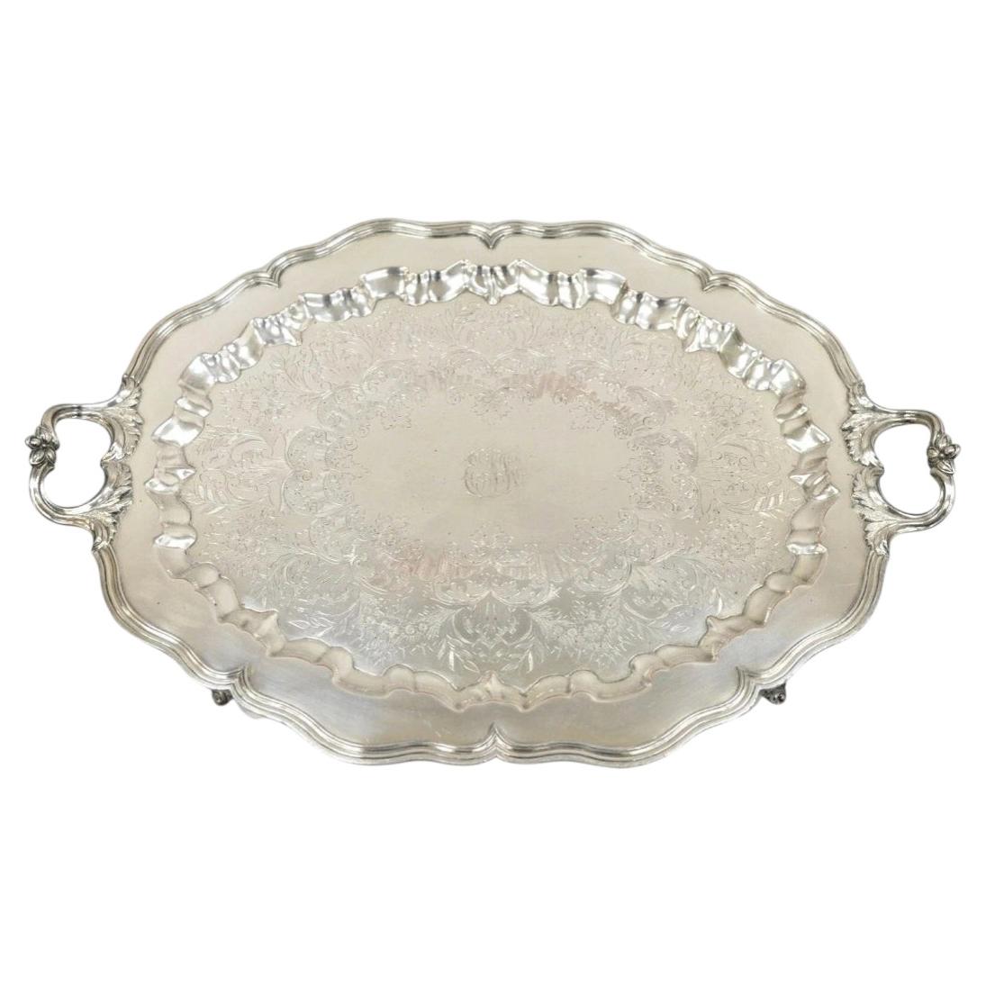 Pre-owned Sheffield Vintage English  Victorian Silver Plated Oval Scalloped Platter Tray In Beige