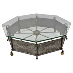 Antique Gothic Spanish Renaissance Steel Brass Octagonal Glass Top Coffee Table