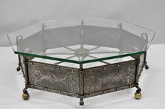 Antique Gothic Spanish Renaissance Steel Brass Octagonal Glass Top Coffee Table
