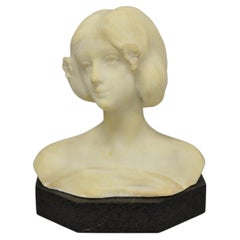 Antique Neoclassical Carved White Marble 9" Bust of Woman's Head on Marble Base