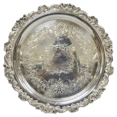 Vintage Wilcox Victorian Silver Plated Round Ornate Footed Salver Serving Tray