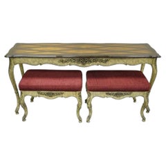 Vintage French Country Louis XV Style Console Hall Table and Pair Stools Benches