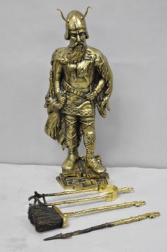 Vintage Scandanavian Viking Soldier Figure Solid Brass Fireplace Tool Set