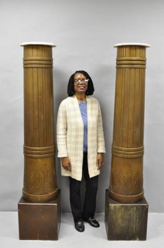 Antique Art Deco 75" Tall Wooden Pedestal Column Geometric Chevron Carved - Pair