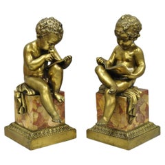 Antique French Louis XV Bronze Putti Children "Arts & Literature" Figures - Pair
