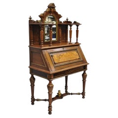 Antique Victorian Burl Walnut Slant Front Secretary Writing Desk with Mirror