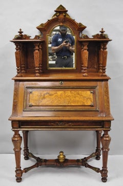 Antique Victorian Burl Walnut Slant Front Secretary Writing Desk with Mirror