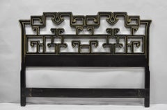 Vintage Chinoiserie Black Gold Ebonized Chinese Fretwork Queen Sz Bed Headboard